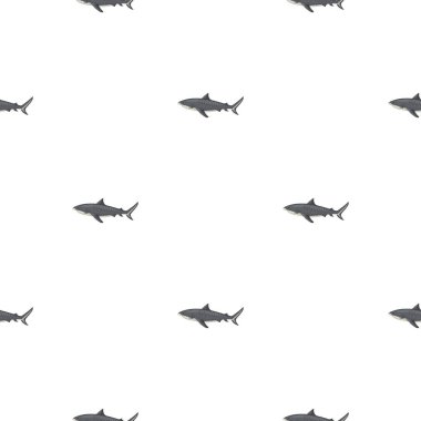 Beyaz arka planda izole edilmiş kusursuz kaplan köpekbalığı deseni. Gri, herhangi bir amaçla deniz balığı dokusuna sahip. Tekstil kumaş tasarımı için geometrik şablon. Basit vektör süsü.