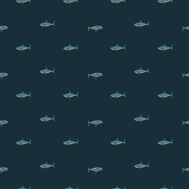 Siyah arka planda kusursuz desenli köpekbalığı. Deniz balığının herhangi bir amacı olabilir. Tekstil kumaş tasarımı için geometrik şablon. Basit vektör süsü.