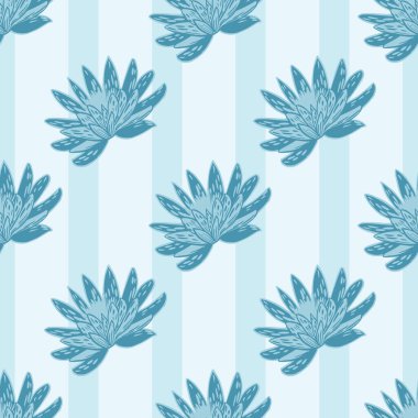 Çizgili mavi arka planda elde nilüfer çizilmiş kusursuz desen. Karalama tarzında vektör şablonu. Kumaş, ambalaj kağıdı, duvar kağıdı için yumuşak yaz botanik dokusu.