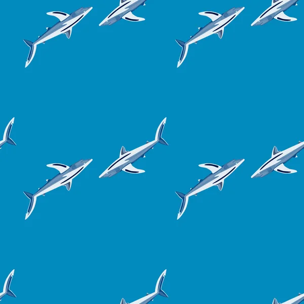 Naadloos Patroon Blauwe Haai Helderblauwe Achtergrond Textuur Van Zeevissen Voor — Stockvector