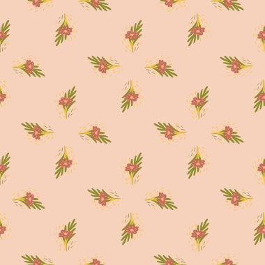 Pembe arka planda küçük çiçek buketleriyle kusursuz desen. Karalama tarzında vektör şablonu. Kumaş, ambalaj kağıdı, dolgu malzemesi, duvar kağıdı için yumuşak yaz botanik dokusu.