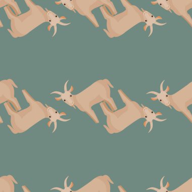 Kusursuz bir keçi deseni. Renkli arka planda evcil hayvanlar. Tekstil baskıları, kumaş, afişler, arkaplanlar ve duvar kağıtları için vektör illüstrasyonu.