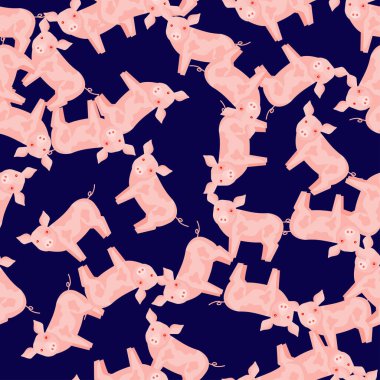 Kusursuz bir domuz deseni. Renkli arka planda evcil hayvanlar. Tekstil baskıları, kumaş, afişler, arkaplanlar ve duvar kağıtları için vektör illüstrasyonu.