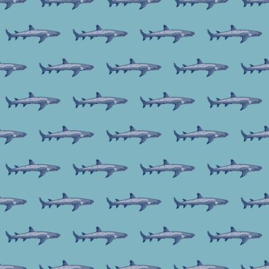 Resif köpekbalığı, İskandinav tarzında kusursuz bir desen. Deniz hayvanları geçmişi. Çocuklar için vektör illüstrasyonu komik tekstil baskıları, kumaş, afişler, arkaplanlar ve duvar kağıtları.