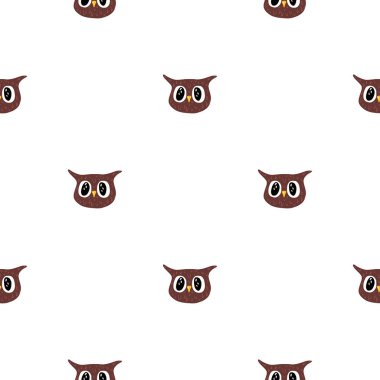 Baykuş deseni el yazısıyla kusursuz. Renkli arka plandaki baş hayvanlar. Tekstil baskıları, kumaş, afişler, arkaplanlar ve duvar kağıtları için vektör illüstrasyonu.