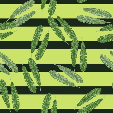 Elle çizilmiş tropikal desenli modern muz yaprağı. Modaya uygun bir geçmişi var. Mevsimlik tekstil baskıları, kumaş, afişler, arkaplanlar ve duvar kağıtları için vektör illüstrasyonu.