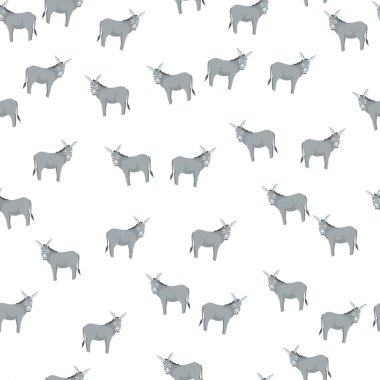 Eşeğin kusursuz deseni. Renkli arka planda evcil hayvanlar. Tekstil baskıları, kumaş, afişler, arkaplanlar ve duvar kağıtları için vektör illüstrasyonu.