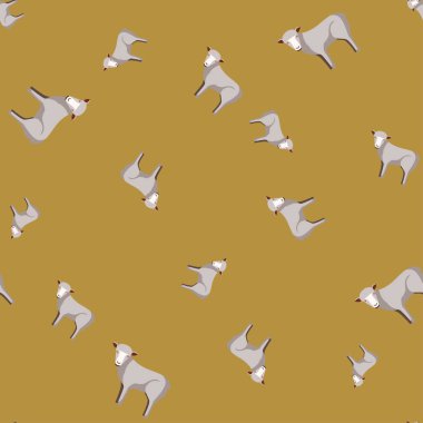 Kusursuz koyun deseni. Renkli arka planda evcil hayvanlar. Tekstil baskıları, kumaş, afişler, arkaplanlar ve duvar kağıtları için vektör illüstrasyonu.