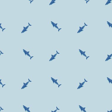 Beyaz köpekbalığı, İskandinav tarzında kusursuz bir desen. Deniz hayvanları geçmişi. Çocuklar için vektör illüstrasyonu komik tekstil baskıları, kumaş, afişler, arkaplanlar ve duvar kağıtları.