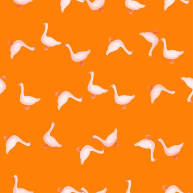 Kusursuz kaz deseni. Renkli arka planda evcil hayvanlar. Tekstil baskıları, kumaş, afişler, arkaplanlar ve duvar kağıtları için vektör illüstrasyonu.