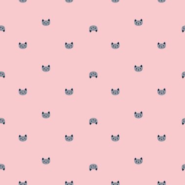 Kedicik desenleri el yazısıyla kusursuz. Renkli arka plandaki baş hayvanlar. Tekstil baskıları, kumaş, afişler, arkaplanlar ve duvar kağıtları için vektör illüstrasyonu.