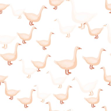 Kusursuz kaz deseni. Renkli arka planda evcil hayvanlar. Tekstil baskıları, kumaş, afişler, arkaplanlar ve duvar kağıtları için vektör illüstrasyonu.