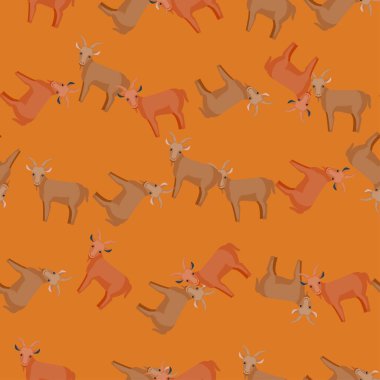 Kusursuz bir keçi deseni. Renkli arka planda evcil hayvanlar. Tekstil baskıları, kumaş, afişler, arkaplanlar ve duvar kağıtları için vektör illüstrasyonu.