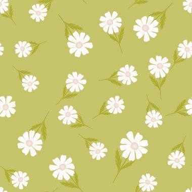 Papatya desenli, el yazısıyla. Renkli arka planda bahar çiçekleri. Tekstil baskıları, kumaş, afişler, arkaplanlar ve duvar kağıtları için vektör illüstrasyonu.