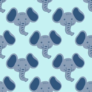 Fil desenleri el yazısıyla kusursuz. Renkli arka plandaki baş hayvanlar. Tekstil baskıları, kumaş, afişler, arkaplanlar ve duvar kağıtları için vektör illüstrasyonu.