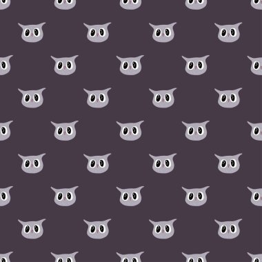 Baykuş deseni el yazısıyla kusursuz. Renkli arka plandaki baş hayvanlar. Tekstil baskıları, kumaş, afişler, arkaplanlar ve duvar kağıtları için vektör illüstrasyonu.