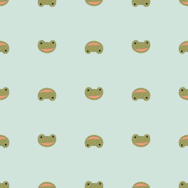 Kurbağa deseni el yazısıyla kusursuz. Renkli arka planda baş yırtıcı. Tekstil baskıları, kumaş, afişler, arkaplanlar ve duvar kağıtları için vektör illüstrasyonu.