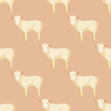 Kusursuz koyun deseni. Renkli arka planda evcil hayvanlar. Tekstil baskıları, kumaş, afişler, arkaplanlar ve duvar kağıtları için vektör illüstrasyonu.