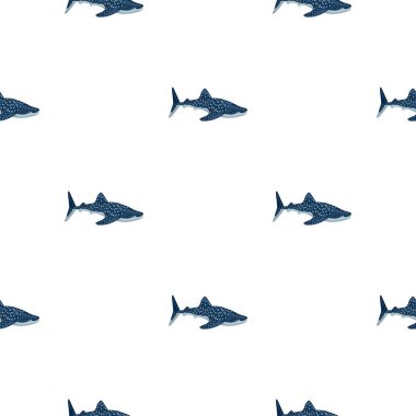 İskandinav tarzında kusursuz bir balina köpekbalığı deseni. Deniz hayvanları geçmişi. Çocuklar için vektör illüstrasyonu komik tekstil baskıları, kumaş, afişler, arkaplanlar ve duvar kağıtları.