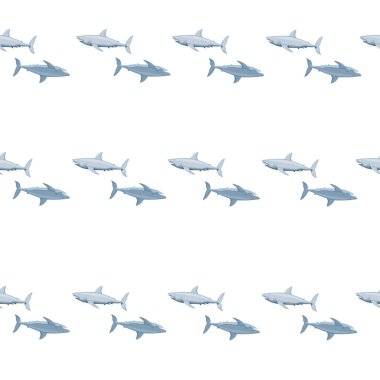 Beyaz köpekbalığı, İskandinav tarzında kusursuz bir desen. Deniz hayvanları geçmişi. Çocuklar için vektör illüstrasyonu komik tekstil baskıları, kumaş, afişler, arkaplanlar ve duvar kağıtları.