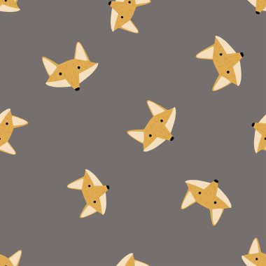 Tilki deseni el yazısıyla kusursuz. Renkli arka plandaki baş hayvanlar. Tekstil baskıları, kumaş, afişler, arkaplanlar ve duvar kağıtları için vektör illüstrasyonu.