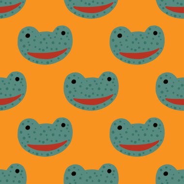 Kurbağa deseni el yazısıyla kusursuz. Renkli arka planda baş yırtıcı. Tekstil baskıları, kumaş, afişler, arkaplanlar ve duvar kağıtları için vektör illüstrasyonu.