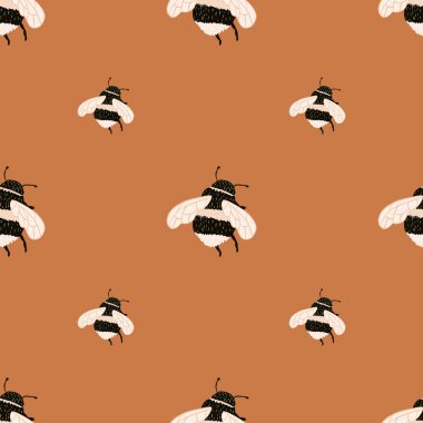 Arı desenleri el yazısıyla kusursuz. Renkli arka planda bal özümseyen sevimli böcek. Tekstil baskıları, kumaş, afişler, arkaplanlar ve duvar kağıtları için vektör illüstrasyonu.