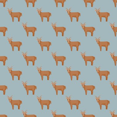 Kusursuz bir keçi deseni. Renkli arka planda evcil hayvanlar. Tekstil baskıları, kumaş, afişler, arkaplanlar ve duvar kağıtları için vektör illüstrasyonu.