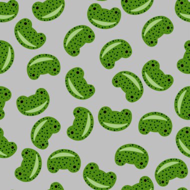 Kurbağa deseni el yazısıyla kusursuz. Renkli arka planda baş yırtıcı. Tekstil baskıları, kumaş, afişler, arkaplanlar ve duvar kağıtları için vektör illüstrasyonu.