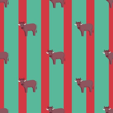 Kusursuz bir boğa örneği. Renkli arka planda evcil hayvanlar. Tekstil baskıları, kumaş, afişler, arkaplanlar ve duvar kağıtları için vektör illüstrasyonu.