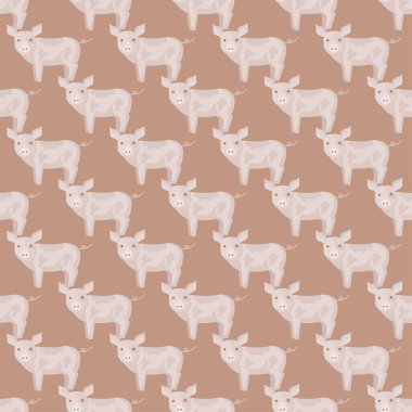 Kusursuz bir domuz deseni. Renkli arka planda evcil hayvanlar. Tekstil baskıları, kumaş, afişler, arkaplanlar ve duvar kağıtları için vektör illüstrasyonu.