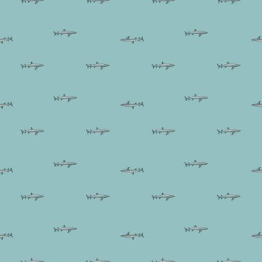 Resif köpekbalığı, İskandinav tarzında kusursuz bir desen. Deniz hayvanları geçmişi. Çocuklar için vektör illüstrasyonu komik tekstil baskıları, kumaş, afişler, arkaplanlar ve duvar kağıtları.