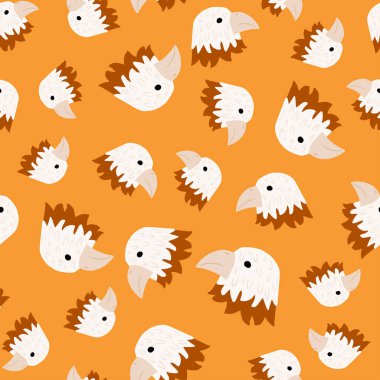 Kartal desenleri el yazısıyla kusursuz. Renkli arka planda baş yırtıcı. Tekstil baskıları, kumaş, afişler, arkaplanlar ve duvar kağıtları için vektör illüstrasyonu.