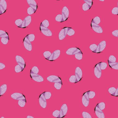 Kelebek desenleri serbest stil olarak kusursuz. Renkli arka planda çayırda uçan sevimli bir böcek. Tekstil baskıları, kumaş, afişler, arkaplanlar ve duvar kağıtları için vektör illüstrasyonu.