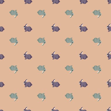 Kusursuz tavşan deseni. Renkli arka planda evcil hayvanlar. Tekstil baskıları, kumaş, afişler, arkaplanlar ve duvar kağıtları için vektör illüstrasyonu.