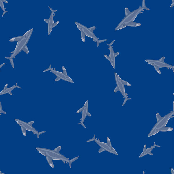 Oceanic whitetip shark seamless pattern in scandinavian style. Marine animals background. Vector illustration for children funny textile prints, fabric, banners, backdrops and wallpapers.