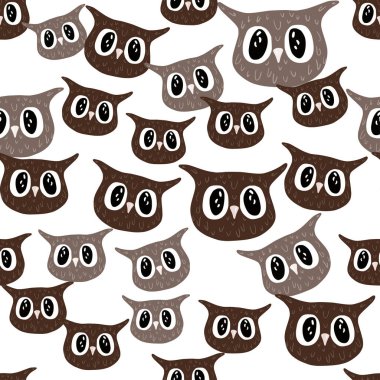 Baykuş deseni el yazısıyla kusursuz. Renkli arka plandaki baş hayvanlar. Tekstil baskıları, kumaş, afişler, arkaplanlar ve duvar kağıtları için vektör illüstrasyonu.