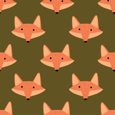 Tilki deseni el yazısıyla kusursuz. Renkli arka plandaki baş hayvanlar. Tekstil baskıları, kumaş, afişler, arkaplanlar ve duvar kağıtları için vektör illüstrasyonu.