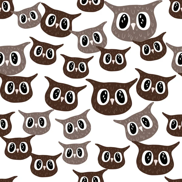 Baykuş deseni el yazısıyla kusursuz. Renkli arka plandaki baş hayvanlar. Tekstil baskıları, kumaş, afişler, arkaplanlar ve duvar kağıtları için vektör illüstrasyonu.