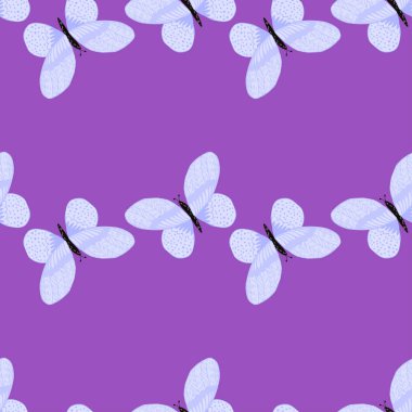 Kelebek desenleri serbest stil olarak kusursuz. Renkli arka planda çayırda uçan sevimli bir böcek. Tekstil baskıları, kumaş, afişler, arkaplanlar ve duvar kağıtları için vektör illüstrasyonu.