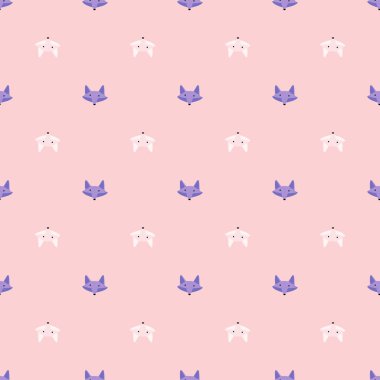 Tilki deseni el yazısıyla kusursuz. Renkli arka plandaki baş hayvanlar. Tekstil baskıları, kumaş, afişler, arkaplanlar ve duvar kağıtları için vektör illüstrasyonu.