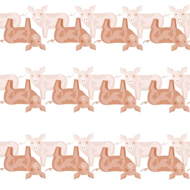 Kusursuz bir domuz deseni. Renkli arka planda evcil hayvanlar. Tekstil baskıları, kumaş, afişler, arkaplanlar ve duvar kağıtları için vektör illüstrasyonu.