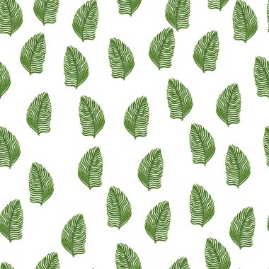 Elle çizilmiş yapraklı, dikişsiz organik palmiye yaprağı. Basit renk arkaplanı. Mevsimlik tekstil baskıları, kumaş, afişler, arkaplanlar ve duvar kağıtları için vektör illüstrasyonu.