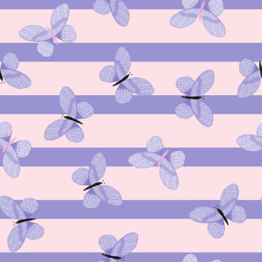 Kelebek desenleri serbest stil olarak kusursuz. Renkli arka planda çayırda uçan sevimli bir böcek. Tekstil baskıları, kumaş, afişler, arkaplanlar ve duvar kağıtları için vektör illüstrasyonu.