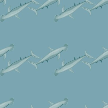 Çekiç başlı köpekbalığı, İskandinav tarzında kusursuz bir desen. Deniz hayvanları geçmişi. Çocuklar için vektör illüstrasyonu komik tekstil baskıları, kumaş, afişler, arkaplanlar ve duvar kağıtları.