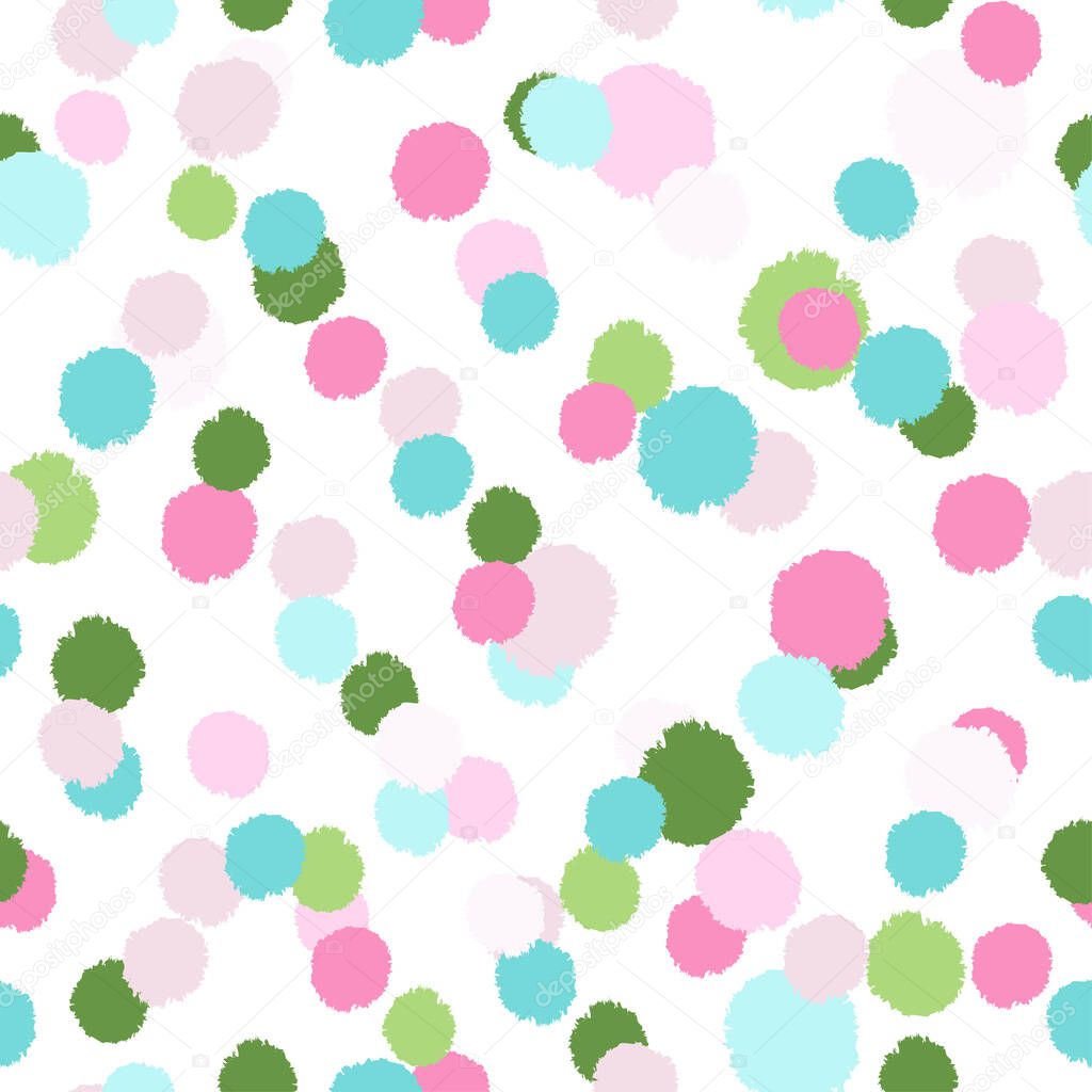 Pom poms of seamless pattern. Hand drawn cute background. Repeated texture in doodle style for fabric, wrapping paper, wallpaper, tissue. Vector illustration.