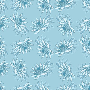 Açık mavi arka planda elde nilüfer çizimi olan kusursuz bir desen. Karalama tarzında vektör şablonu. Kumaş, ambalaj kağıdı, duvar kağıdı için yumuşak yaz botanik dokusu.