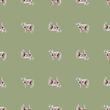 Pastel yeşil arka planda kusursuz desenli inek. Herhangi bir amaçla çiftlik hayvanlarının dokusu. Tekstil kumaş tasarımı için geometrik şablon. Basit vektör süsü.