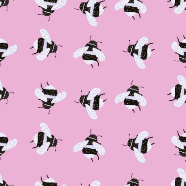 Arı desenleri el yazısıyla kusursuz. Renkli arka planda bal özümseyen sevimli böcek. Tekstil baskıları, kumaş, afişler, arkaplanlar ve duvar kağıtları için vektör illüstrasyonu.