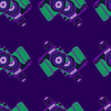 Fotoğraf makinesi klasik, dikişsiz desen. Retro fotoğraf makinesi tasarımı. Kumaş, ambalaj kağıdı, duvar kâğıdı ve mendil için karalama stilinde tekrarlanan doku. Vektör illüstrasyonu.